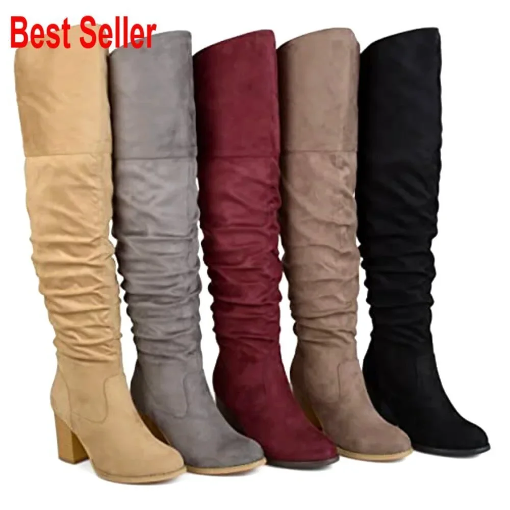 Faux Suede Over-the-Knee Boots with Stacked Heel and Ruched Detail